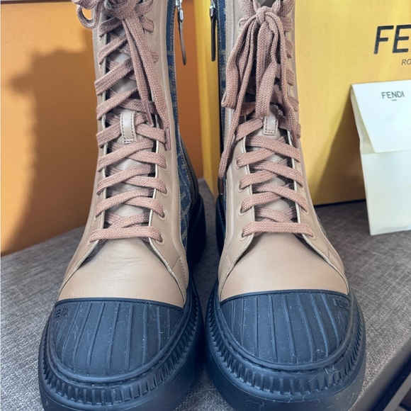 FENDI DOMINO FF JACQUARD & LEATHER BIKER BOOT sz36.5 - Picture 7 of 8